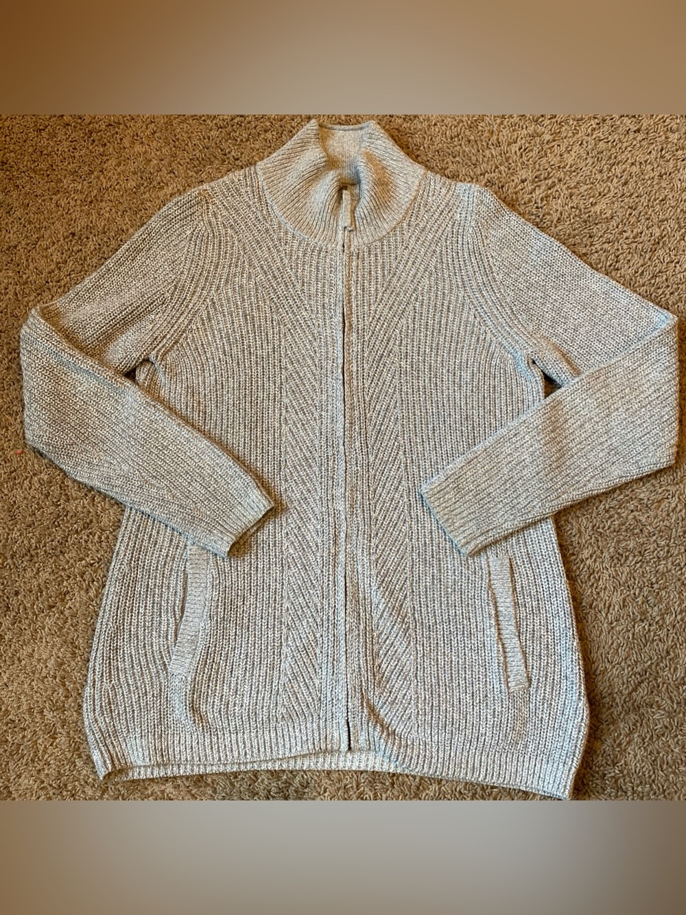 VTG LL Bean Gray Ribbed Knit Heavy Full Zip Cardigan Sweater Womens M Granny Y2K